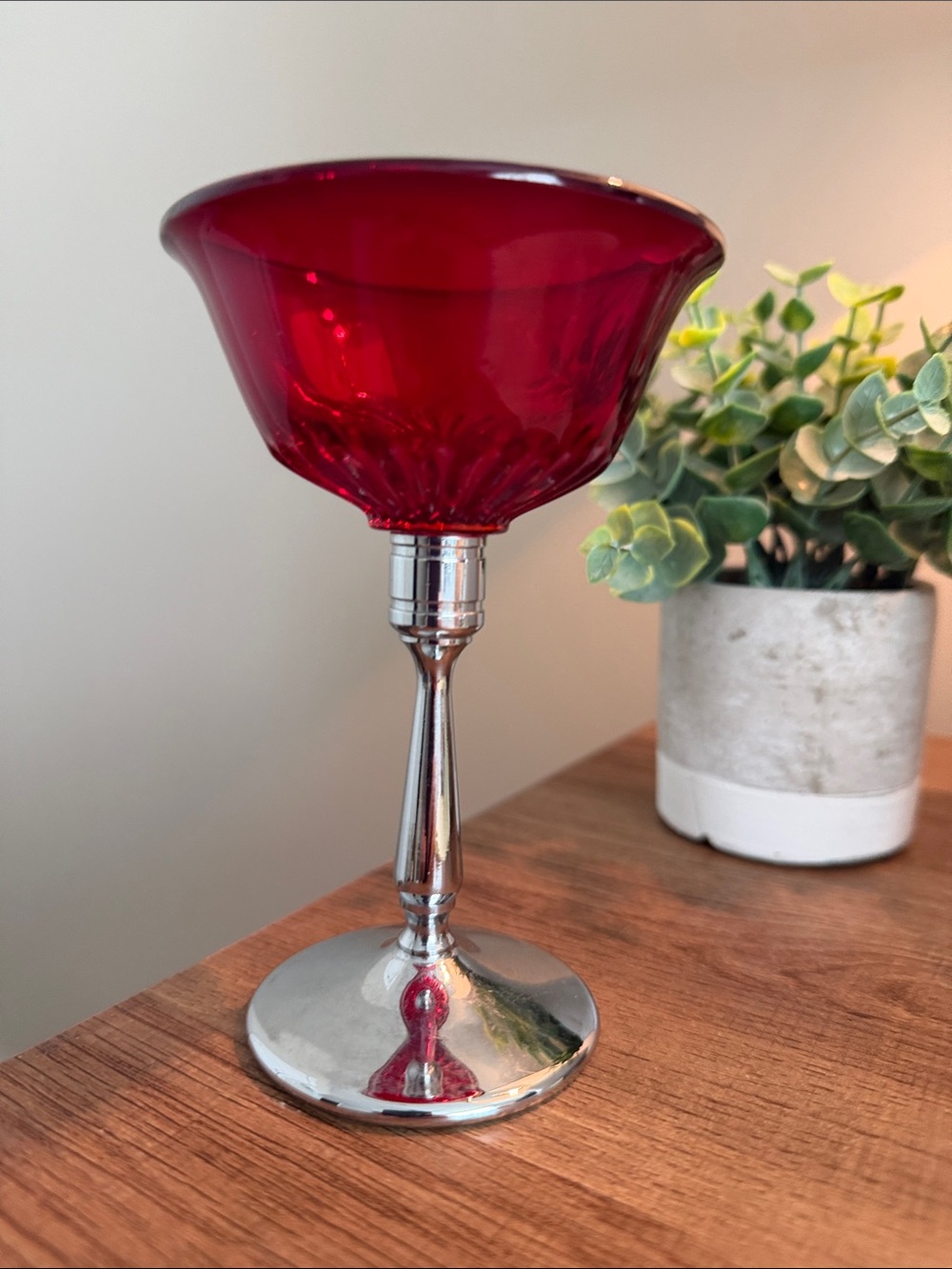 Vintage Ruby Red Glass Compote/ martini glass on removable Silver Stem